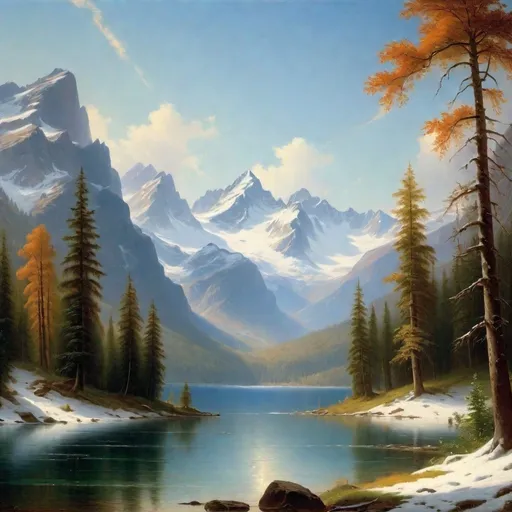 Prompt: a mountain range with a lake surrounded by trees and snow capped mountains in the background with a blue sky,
Albert Bierstadt, 
naturalism, 
oil painting, 
painting,
UHD  64K