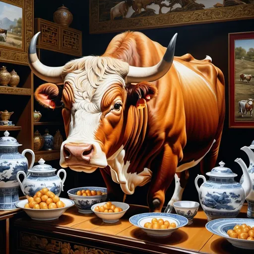 Prompt: a painting illustrating an idiom, 
a bull in a china shop,
Patrick Demarchelie,
highly detailed, 
professional oil painting,
a hyperrealistic painting 
UHD, 
64K