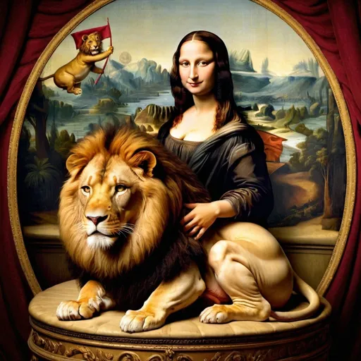 Prompt: Mona Lisa riding a Lion in a three Ring Circus