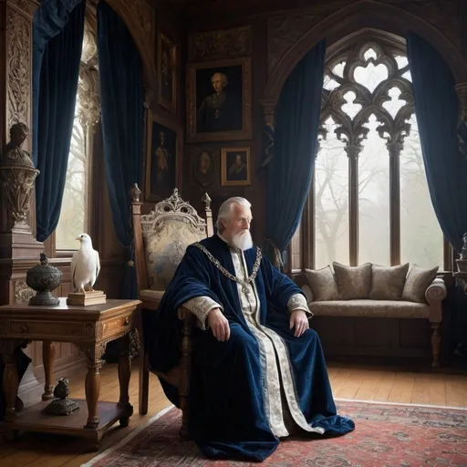 Prompt: Title: "The Shrouded Enigma of Duke Frederick"

Description:

Duke Frederick, the "Peaceful Ruler," exudes quiet strength and deep contemplation. He resides in a grand, gothic castle in the misty highlands. Silver-haired and wise, his piercing blue eyes hold countless untold stories.

Setting:

The grand hall of Duke Frederick’s castle is adorned with medieval tapestries and chandeliers casting a warm glow. Tall, arched windows filter misty light, creating an ethereal ambiance. Antique furniture and an ornately carved wooden throne draped with velvet add to the grandeur.

Appearance:

Duke Frederick stands tall in a deep blue robe embroidered with silver threads depicting doves and olive branches. A medallion with a white dove insignia hangs around his neck, signifying peace and order.

Pose and Expression:

By the large windows, Duke Frederick gazes over his mist-covered lands. His posture is regal yet relaxed, with one hand resting on a ceremonial sword. His expression is thoughtful, contemplating the challenges facing his duchy and family secrets.

Background Elements:

Castle Interior: Portraits of Frederick’s ancestors line the walls, showcasing his family's long history. Tapestries depict battles, banquets, and peaceful resolutions.
Library: A corner houses a vast library filled with ancient books and scrolls, representing Frederick’s love for knowledge.
Mystical Elements: A table holds relics and artifacts, including an ornate map with mysterious symbols and a caged white hawk, symbolizing the family's legendary guide.
Mood:

The artwork evokes calm authority and deep mystery, with light and shadow interplay, a grand yet warm setting, and Frederick's contemplative expression. This piece reflects his noble and enigmatic character, highlighting his historical significance and the mystical elements surrounding his legacy.