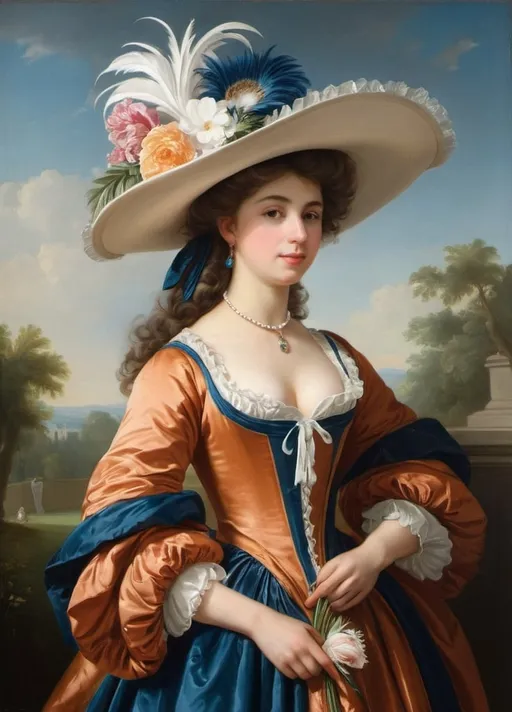 Prompt: a painting a ((a 21-year-old woman in a long flower print Empire Dress with a high neck line and white hat)) standing and a feathered hat on her head, Élisabeth Vigée Le Brun, rococo, painting, a painting
