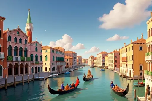 Prompt: Create a vibrant and detailed painting of a bustling Venetian scene reminiscent of Canaletto's style. The composition should include a grand canal filled with gondolas and other boats, showcasing a lively procession or festival. On the left, depict the majestic Campanile di San Marco rising above the scene, and to the right, include the ornate Doge's Palace with its distinctive Gothic architecture. Populate the scene with people dressed in period-appropriate clothing, engaging in various activities such as rowing, conversing, and celebrating. The water should reflect the vivid colors of the boats and buildings, adding to the dynamic atmosphere. Ensure the sky is clear with soft clouds, allowing the sunlight to enhance the architectural details and the festive mood of the scene. Capture the essence of historical Venice, emphasizing its rich culture and lively spirit.
