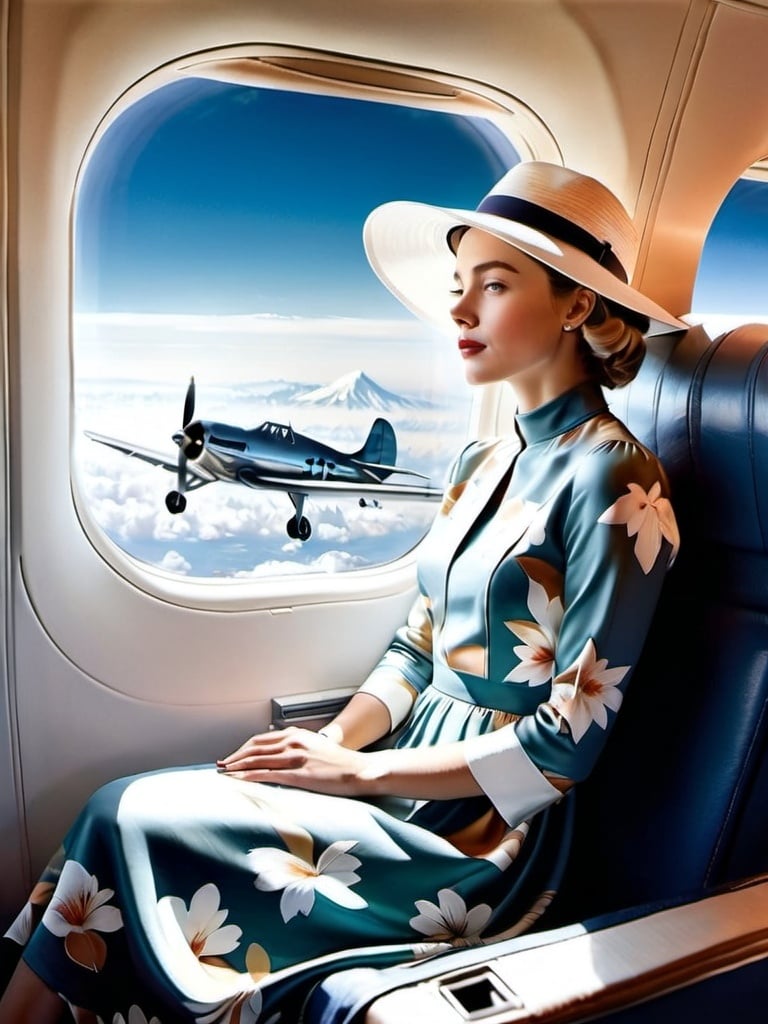 Prompt: a (( 21-year-old woman in a long flower print Empire Dress with a high neck line and white hat)) sitting on an airplane seat with a hat on her head and a plane in the background with a window, Annie Leibovitz, precisionism, promotional image, an art deco painting