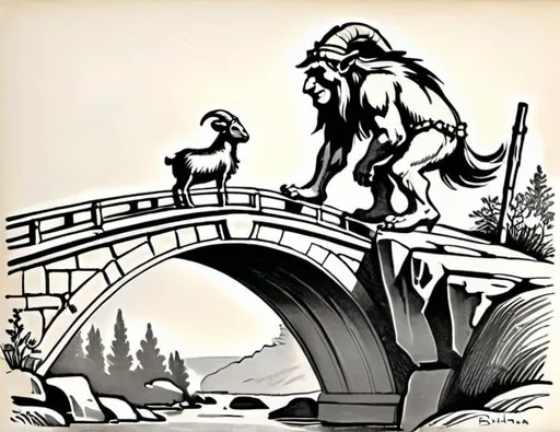 Prompt: a drawing of a troll  blocking a goat from crossing a bridge. the  troll  is standing on rock under the bridge,  troll 's hands is on the bridge, the troll 's nose  is blocking  the bridge,  troll 's head is over the bridge.  a storybook illustration

 image from  Tales and tags; rhymes by [Latham, Azubah Julia] (1918)