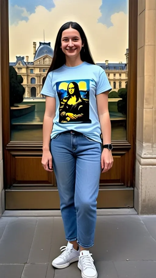 Prompt: a full-length portrait painting,
Mona Lisa,
standing on the sidewalk outside the Louvre Museum, 
a smile on her face, 
Louvre Museum  souvenir t-shirt, 
long blue jean,
blue tennis shoes,
academic art, 
renaissance oil painting
