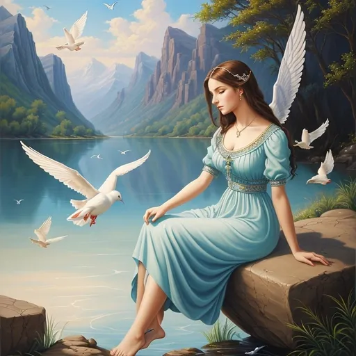 Prompt: a painting of a woman sitting on a rock by a lake with birds flying around her and a dove in the sky, Anne Stokes, figurative art, classical painting, a fine art painting