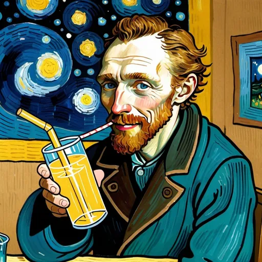 Prompt: Vincent van Gogh smiling while drinking through a straw stuck in an open glass bottle that is wrap in a brown paper, in  "The Starry Night" by Vincent van Gogh