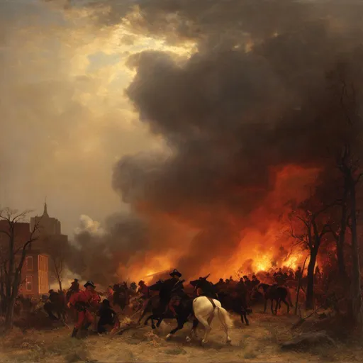 Prompt: <mymodel>Create a UHD, 64K, professional oil painting in the style of Carl Heinrich Bloch, blending the American Barbizon School and Flemish Baroque influences. Depict a heroic firefighter battling a fierce blaze in a city setting. The scene is intense and dynamic, with flames roaring and billowing smoke filling the sky. The firefighter, clad in full protective gear, is seen in the foreground, holding a powerful hose spraying water onto the inferno. His face, determined and focused, is partially illuminated by the fiery glow. Surrounding buildings show signs of damage, with windows shattered and structures blackened by the flames. The chaotic environment is contrasted by the firefighter's bravery and resolve. Background details include other firefighters working together, ladders against buildings, and emergency vehicles with flashing lights. The dramatic lighting from the fire casts deep shadows, enhancing the overall tension and urgency of the scene.