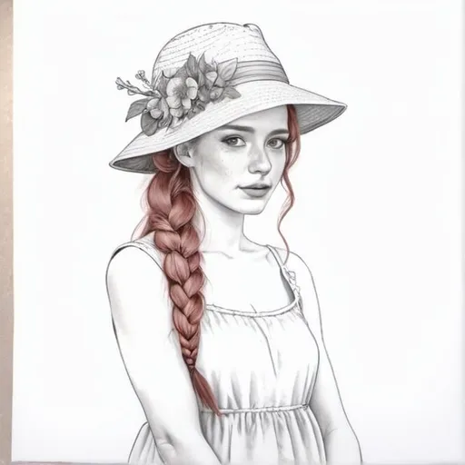 Prompt: a drawing of a woman facing us  with long red hair in French braid wearing a hat and dress with flowers, photorealism, full body portrait, a detailed drawing