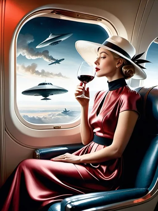 Prompt: a 21-year-old woman in a long flower print Empire Dress with a high neck line and white hat  sitting on an airplane seat with a hat on her head, drinking red wine, and an attacking UFO in the night shy in in the background with a window, Annie Leibovitz, precisionism, promotional image, an art deco painting