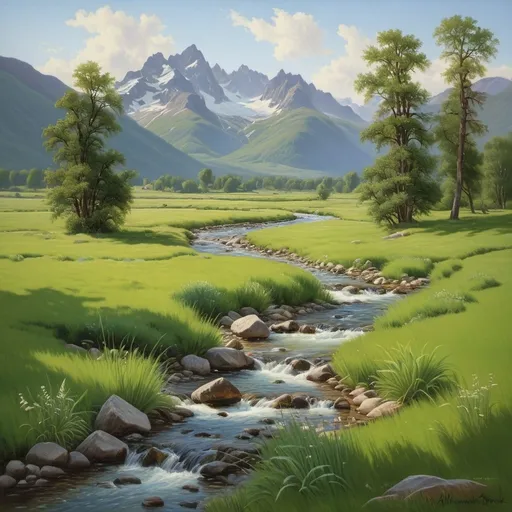 Prompt: a painting of a stream running through a lush green field with mountains in the background and a stream running through the grass, Alexander Brook, american scene painting, highly detailed oil painting, an oil painting