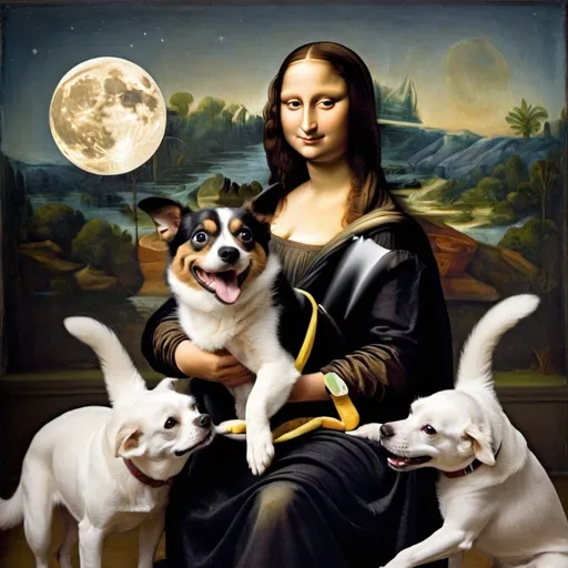 Prompt: Mona Lisa riding a dog that is jumping over the Moon.