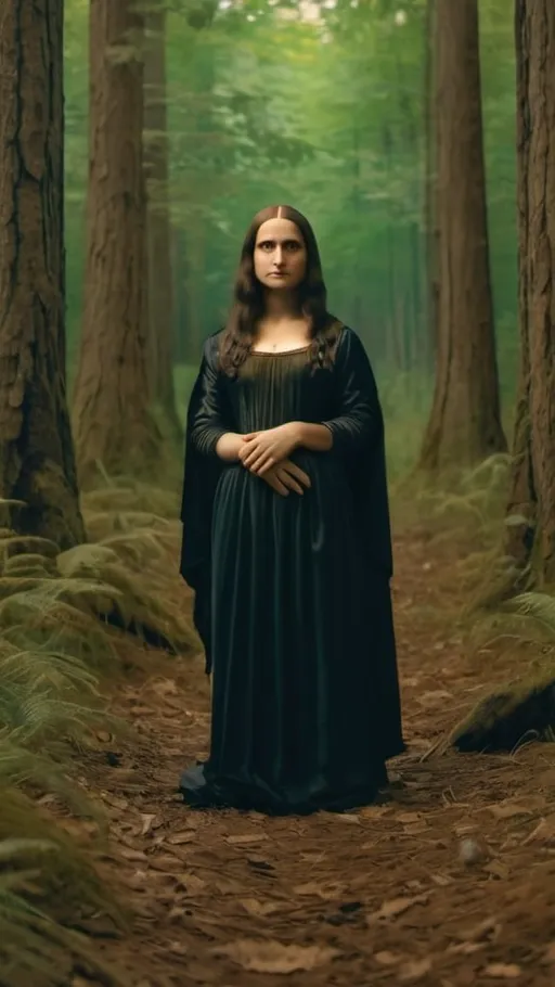 Prompt: Mona Lisa,  standing on ground ,forest , full from head to toe body shot