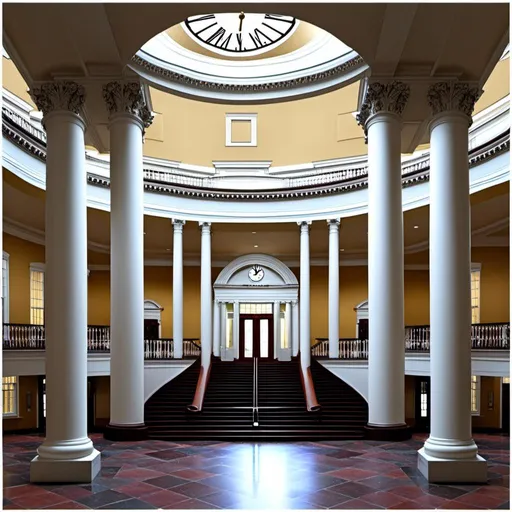 Prompt: <mymodel> a large building with many pillars and steps leading up to it's entrance and a clock tower on top, Arlington Nelson Lindenmuth, neoclassicism, establishing shot, a digital rendering