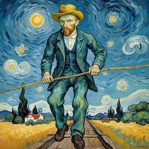 Prompt: "Vincent van Gogh" walking on tightrope