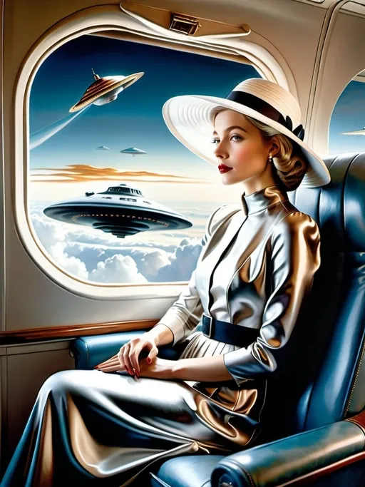 Prompt: a (( 21-year-old woman in a long flower print Empire Dress with a high neck line and white hat)) sitting on an airplane seat with a hat on her head and an UFO in the background with a window, Annie Leibovitz, precisionism, promotional image, an art deco painting