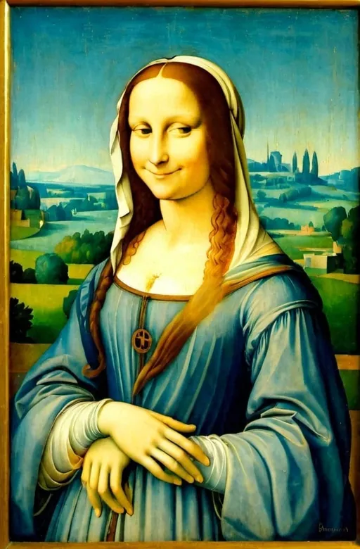 Prompt: a painting of a woman with long hair and a smile on her face, with a green background and a blue sky, Fra Bartolomeo, academic art, da vinci, a painting
