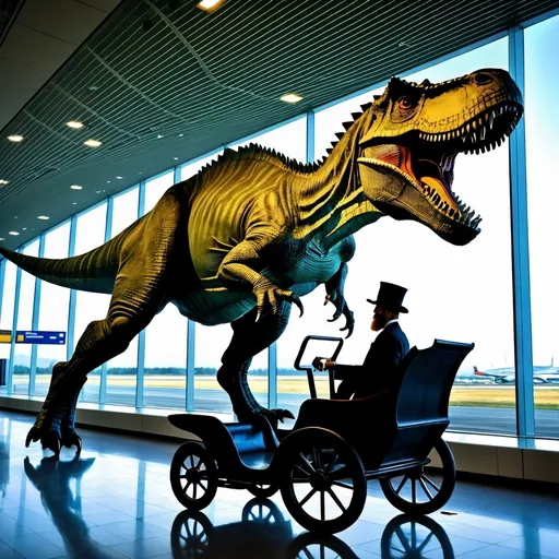 Prompt: "Vincent van Gogh"  riding a  tyrannosaurus in  an airport, 
photo 