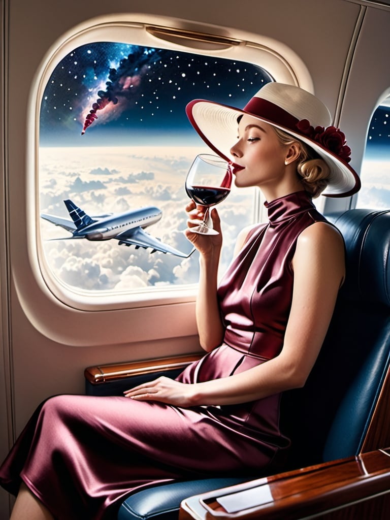 Prompt: a 21-year-old woman in a long flower print Empire Dress with a high neck line and white hat sitting on an airplane seat with a hat on her head drinking red wine,  and ( galaxy))  in the background with a window, Annie Leibovitz, precisionism, promotional image, an art deco painting  drinking red wine,