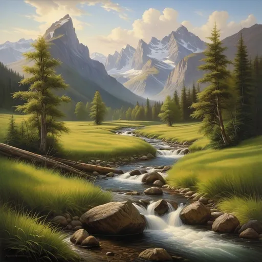 Prompt: a painting of a mountain stream in a valley with trees and grass on both sides of the stream, and a mountain range in the distance, Christophe Vacher, american scene painting, highly detailed oil painting, an airbrush painting