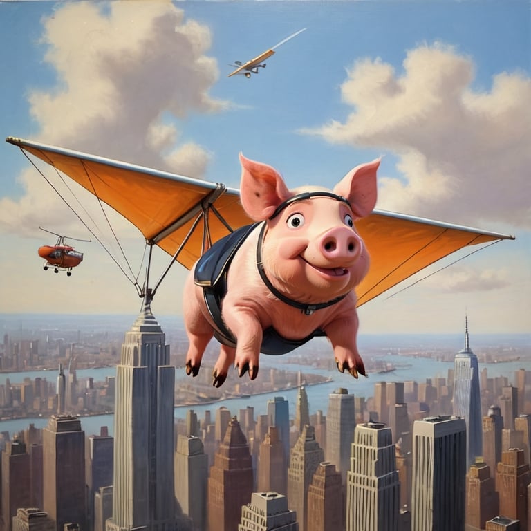 Prompt: a  pig ,  flying over New York city  on hang glider, 1970s oil painting,

