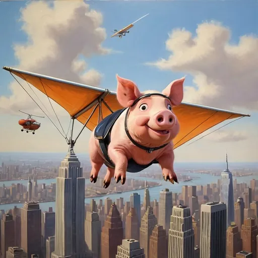 Prompt: a  pig ,  flying over New York city  on hang glider, 1970s oil painting,

