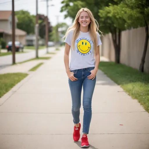 Prompt: a full-length   portrait, 27 year-old woman, walking on a dry sidewalk, cover with dark freckle, green eyes, long blonde hair, a smile on her face, smiley-face t-shirt, long blue jean, red and blue tennis shoes,  photo 