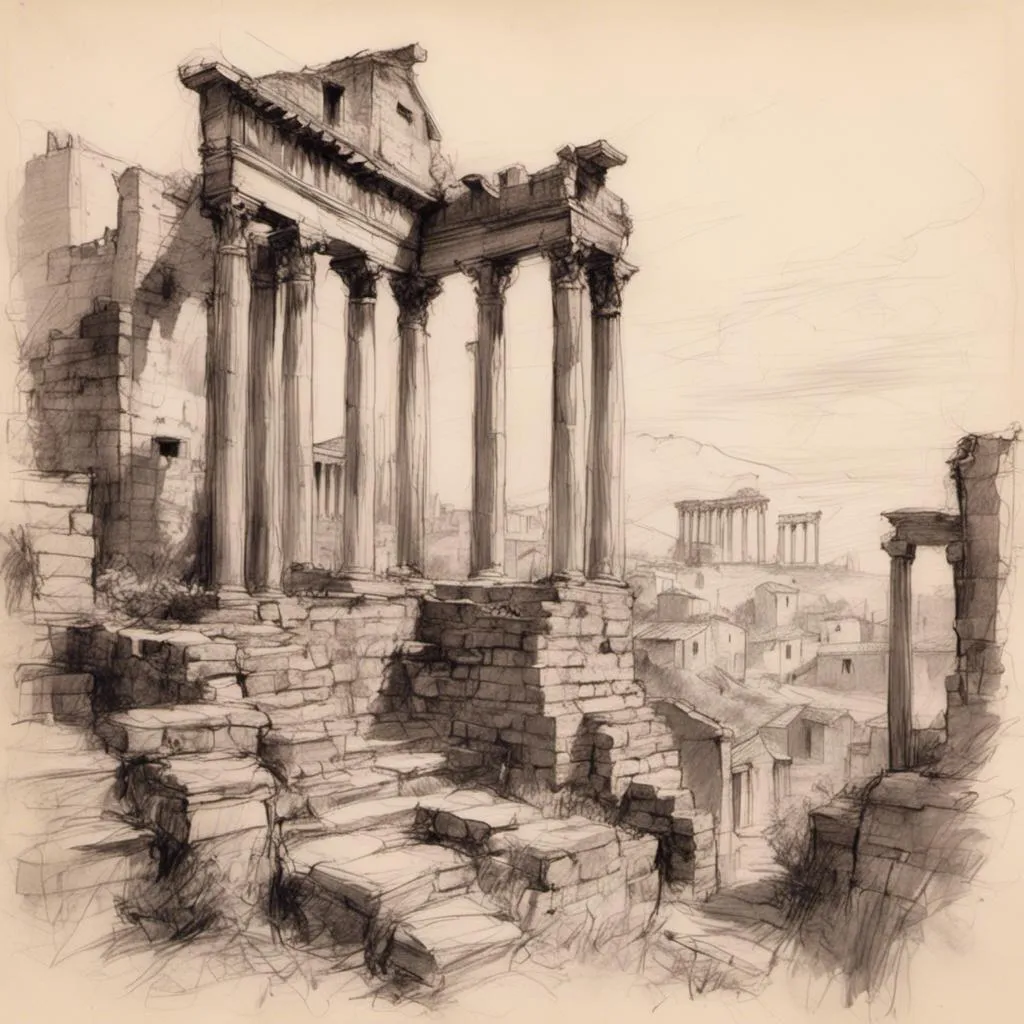 Prompt: <mymodel> pencil-sketch of a ruin of a Roman 