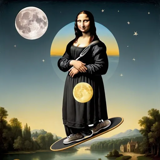 Prompt: Mona Lisa jumping over the Moon on a  a pogo stick.