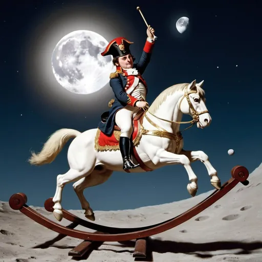 Prompt: a napoleon  riding a "rocking-horse" that is jumping over the Moon. 
