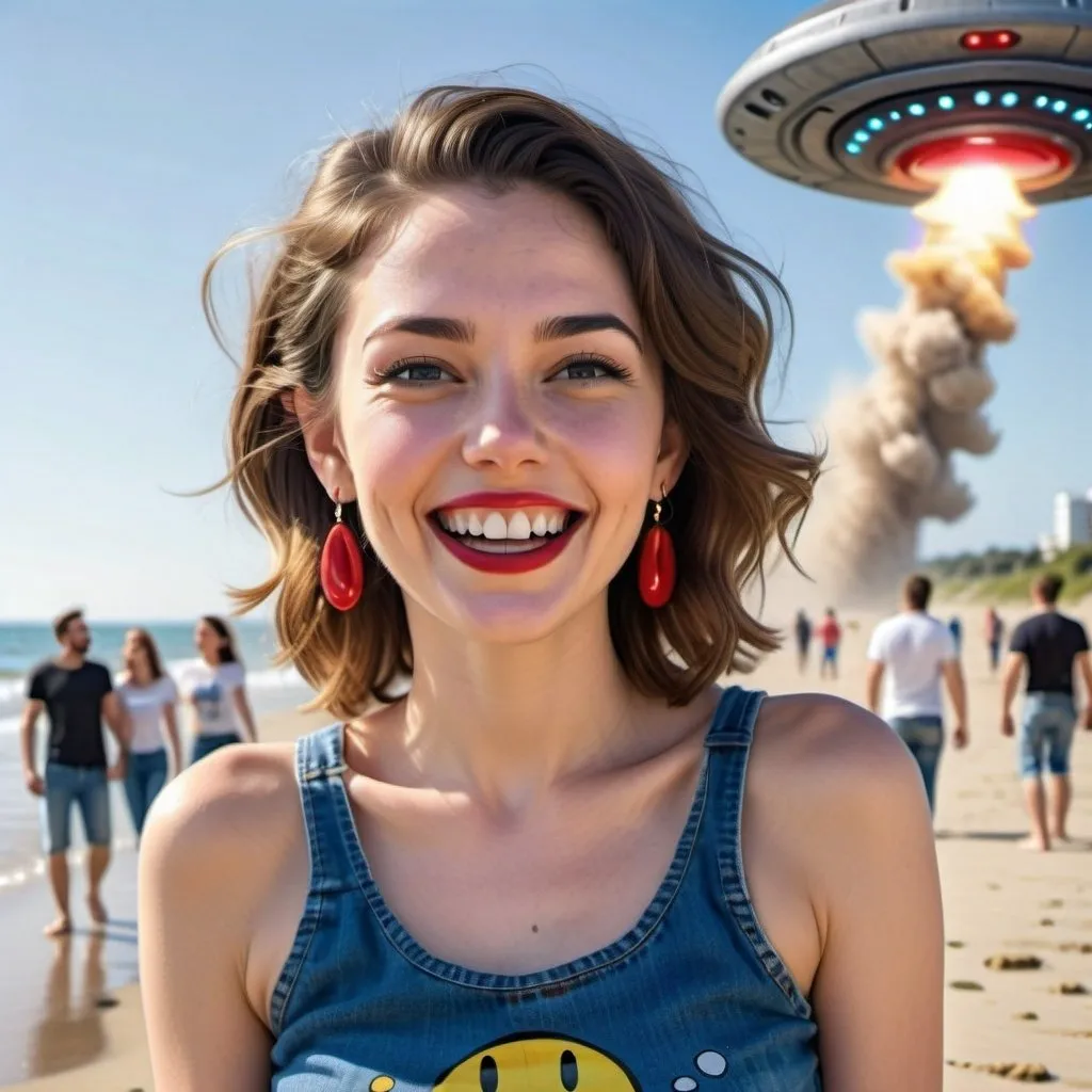 Prompt: photorealistic portrait of a [(27 year-old woman),  (red lipstick), (a smile on her face), ( smiley earrings), (smiley t-shirt), (long blue jean), ] on the beach, looking very excited at an attacking UFO