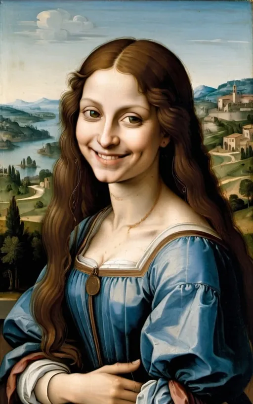 Prompt: a painting of a woman with long hair and a smile on her face, with a landscape in the background, Fra Bartolomeo, academic art, da vinci, a painting