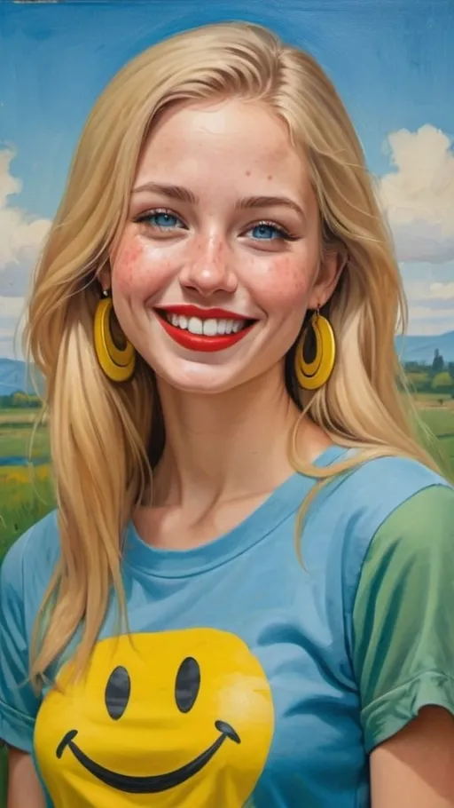 Prompt: a full-length portrait painting,
27 year-old  woman,
cover with dark freckle,
blue eyes,
long blonde hair,
red lipstick,
a smile on her face, 
gold-earrings-with-a-smiley-face- ON-them,  
smiley-face-T-shirt, 
long blue jean,
with a green background and a blue sky,
1970s oil painting,
