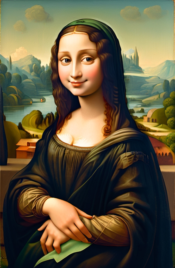 Prompt: a painting of a Mona Lisa with a  almost transparent  black veil over long hair and a smile on her face, with a green background and a blue sky, Fra Bartolomeo, academic art, da vinci, a painting