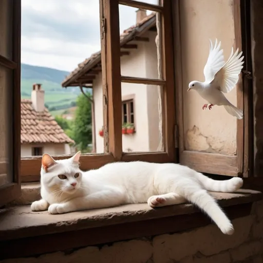 Prompt: Create an image from inside of a home of a [cat] lying comfortably on a ledge inside of a  [window that is wide open ].  in a [picturesque small village].
a white [dove] with its wings spread wide open, perched gracefully inside, fly over  the cat.
