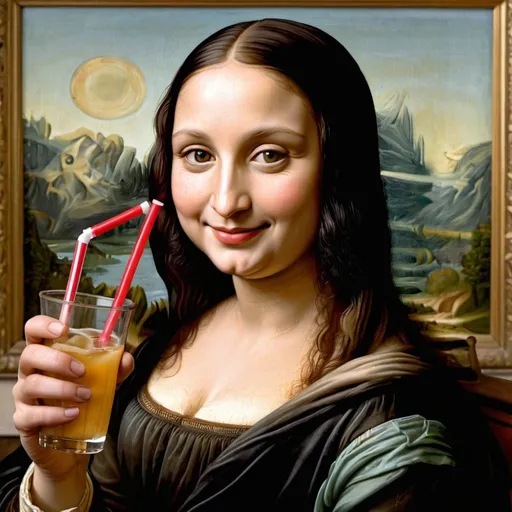 Prompt: Mona Lisa smiling while she is drinking   through a straw stuck in an open glass bottle.