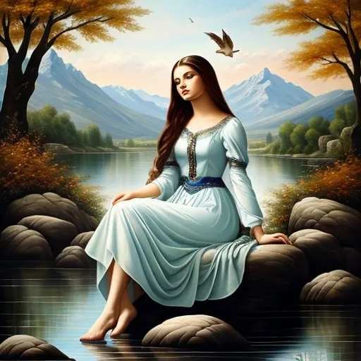 Prompt: a painting of a woman sitting on a rock by a lake with birds flying around her and a dove in the sky, Anne Stokes, figurative art, classical painting, a fine art painting