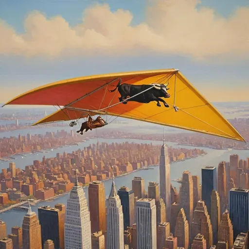 Prompt: A bull  flying over New York city  on hang glider, 1970s oil painting,

