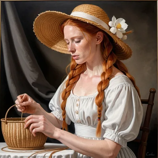 Prompt: a painting of a woman weaving a straw hat, the woman as  long ginger hair ginger in a French braid with a white hat dress in a  cotton flower print Empire Dress with a high neck line, Satisfaction, Alson S. Clark, academic art, extremely detailed oil painting, a hyperrealistic painting