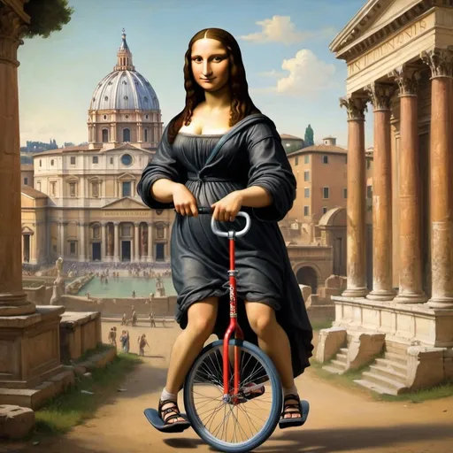 Prompt: Mona Lisa riding a Unicycle  the ancient city of Rome