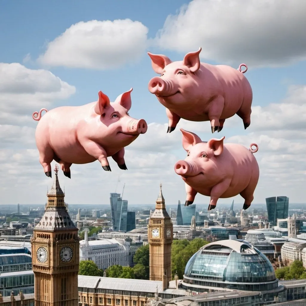 Prompt: three pigs flying over London
