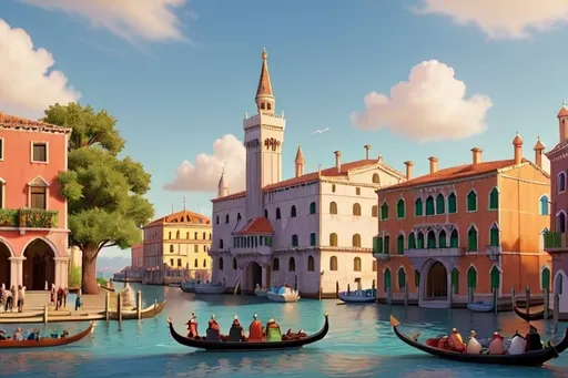 Prompt: Create a vibrant and detailed painting of a bustling Venetian scene reminiscent of Canaletto's style. The composition should include a grand canal filled with gondolas and other boats, showcasing a lively procession or festival. On the left, depict the majestic Campanile di San Marco rising above the scene, and to the right, include the ornate Doge's Palace with its distinctive Gothic architecture. Populate the scene with people dressed in period-appropriate clothing, engaging in various activities such as rowing, conversing, and celebrating. The water should reflect the vivid colors of the boats and buildings, adding to the dynamic atmosphere. Ensure the sky is clear with soft clouds, allowing the sunlight to enhance the architectural details and the festive mood of the scene. Capture the essence of historical Venice, emphasizing its rich culture and lively spirit.
