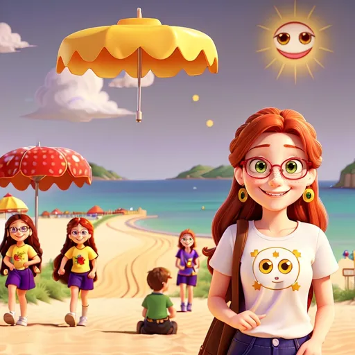 Prompt: photo 

25-year-old woman, green eyes. cover with dark freckle. long ginger hair ginger in a French braid. wearing lipstick red. broad rimmed eyeglasses purple

the is  woman wearing a white t-shirt. 

the  t-shirt has a yellow smiley face with two eyes and a smile on it's face, with a black outline, Dave Gibbons, naive art, smile, a digital rendering

 the woman is wearing  earrings.

the earrings has a yellow smiley face with two eyes and a smile on it's face, with a black outline, Dave Gibbons, naive art, smile, a digital rendering


the beach, while UFO is attacking while people are running for their lives


photo