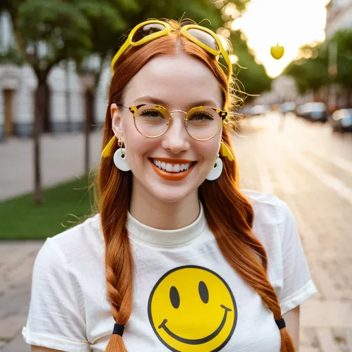 Prompt:  the woman is wearing  earrings. the earrings  has the classic  1970s  yellow smiley face on them.

 