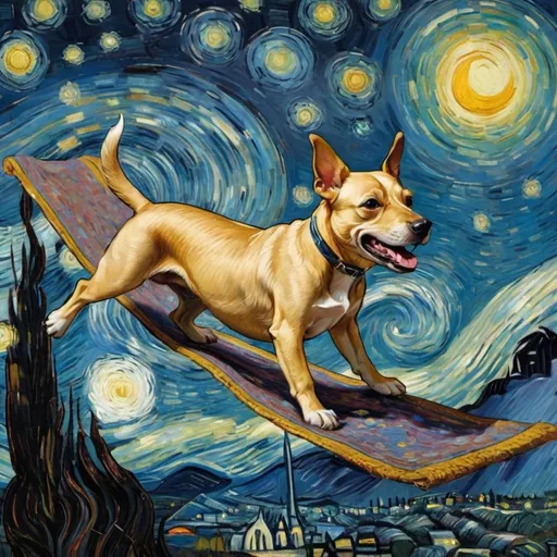 Prompt: A dog flying on a "magic carpet" in "The Starry Night" by Vincent van Gogh