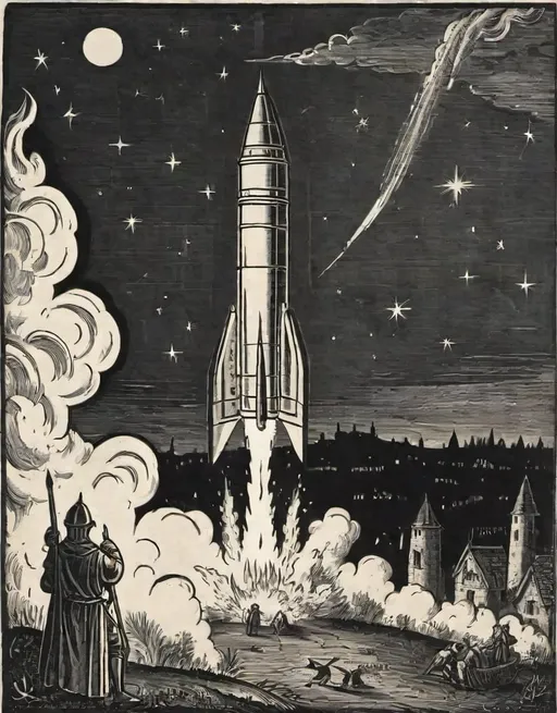 Prompt: a  black and white 13th century wood cut print of a rocket is being launched on a clear night with fire and smoke billowing out of it's back end,
13th century wood cut print

