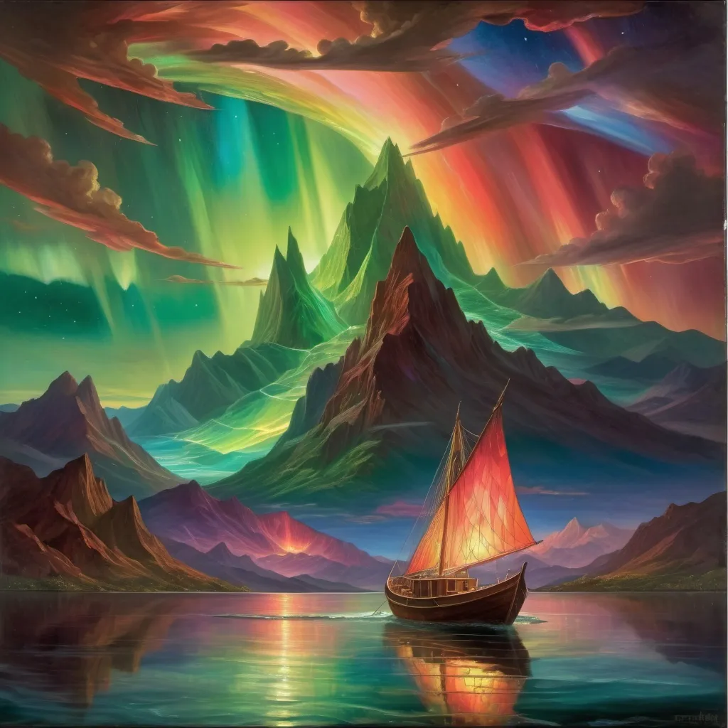 Prompt: a painting of a boat in a body of water under a sky filled with aurora lights and a mountain, Frederic Edwin Church, space art, apocalypse, a painting