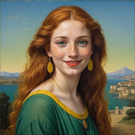 Prompt: a half-length portrait painting,
27 year-old Helen of Troy,
cover with dark freckle,
green eyes,
long ginger hair,
red lipstick,
a smile on her face, 
yellow-happy-face  ON gold-earrings,  
T-shirt, 
with a green background and a blue sky,
 Fra Bartolomeo,
 academic art,
1970s oil painting,
 a painting in the style of  Mona Lisa