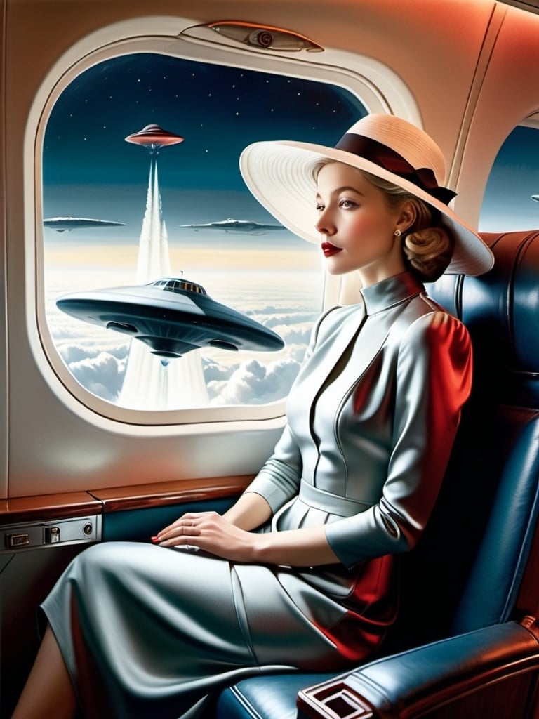 Prompt: a (( 21-year-old woman in a long flower print Empire Dress with a high neck line and white hat)) sitting on an airplane seat with a hat on her head, drink red wine, and an attacking UFO in the night shy in in the background with a window, Annie Leibovitz, precisionism, promotional image, an art deco painting