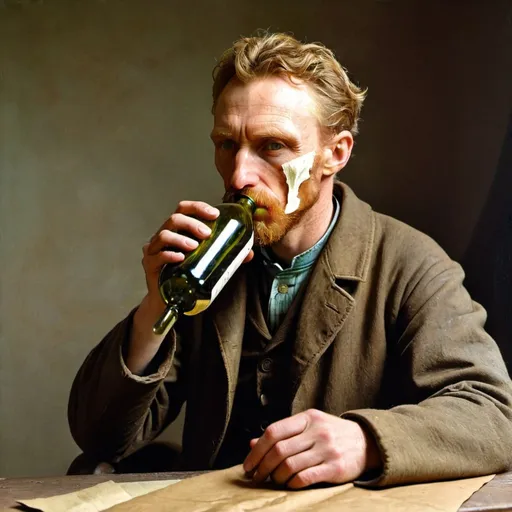 Prompt: Vincent van Gogh drinking straight from a "wine bottle that is wrap in a brown paper."   